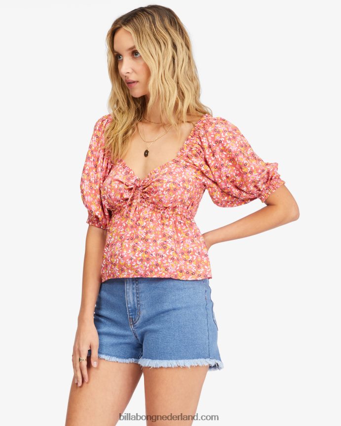 Billabong vrouwen Beachy babe crop top met pofmouwenvintage koraal 4D20H2257