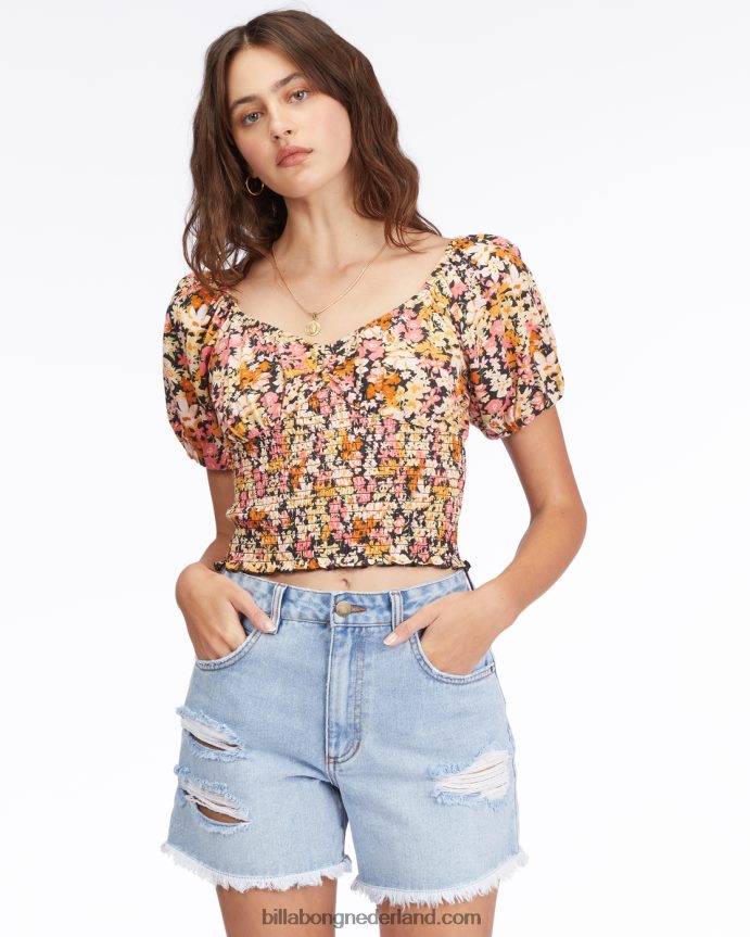 Billabong vrouwen get along top met pofmouwenzwart multi 4D20H2251