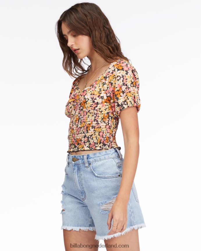 Billabong vrouwen get along top met pofmouwenzwart multi 4D20H2251