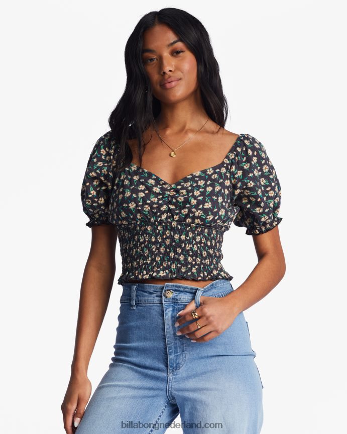 Billabong vrouwen liefdeslied top met pofmouwenzwarte kiezelsteen 4D20H2199