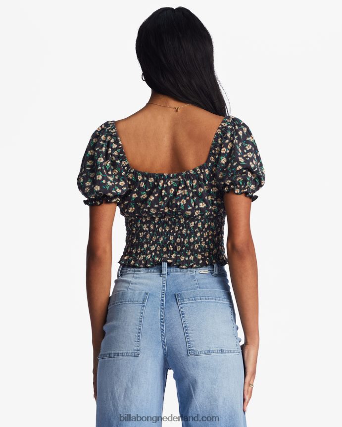 Billabong vrouwen liefdeslied top met pofmouwenzwarte kiezelsteen 4D20H2199