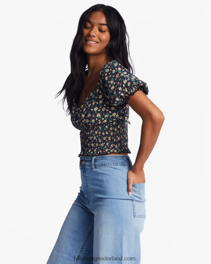 Billabong vrouwen liefdeslied top met pofmouwenzwarte kiezelsteen 4D20H2199