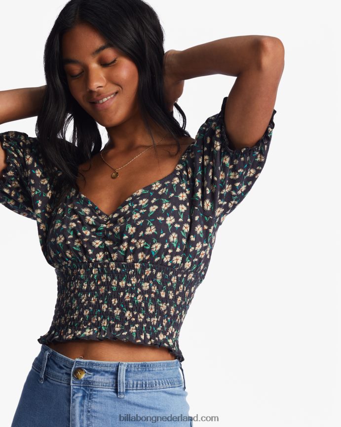 Billabong vrouwen liefdeslied top met pofmouwenzwarte kiezelsteen 4D20H2199